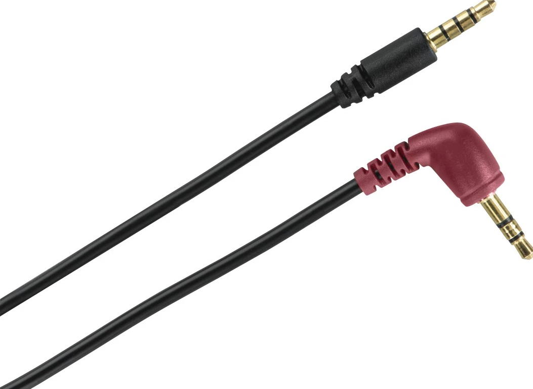 Deux câbles audio, un noir et un avec un connecteur rouge à angle de 90 degrés. Connecteurs dorés.