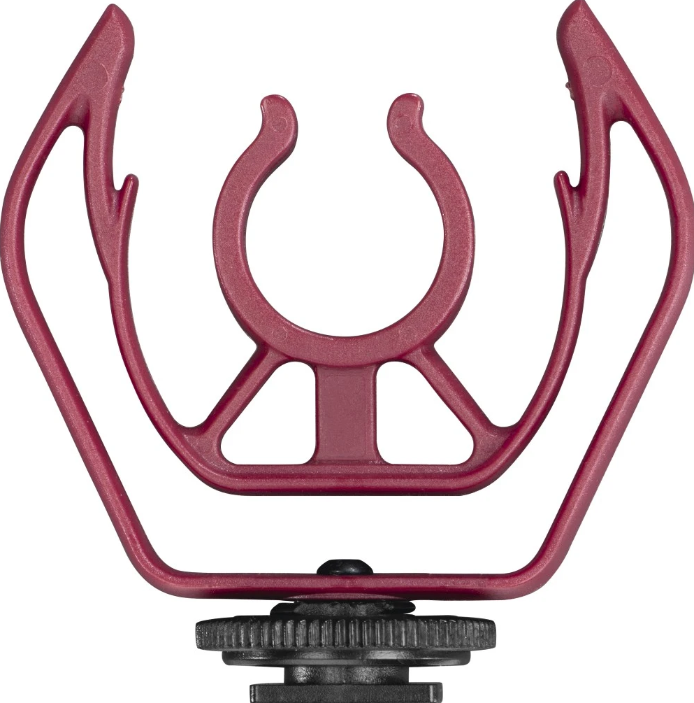 Support antichoc pour microphone rouge. Le support est de forme circulaire.