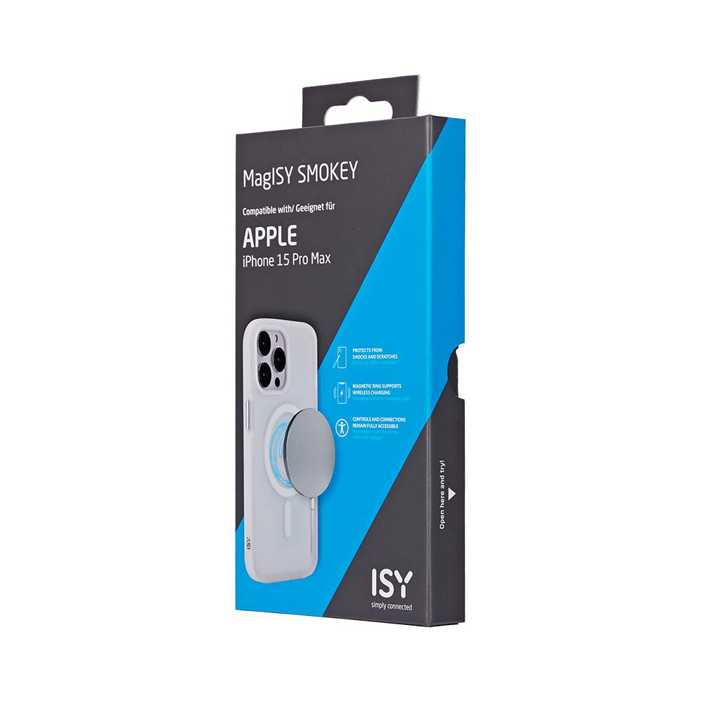 Box für eine iPhone 15 Pro Max Hülle. Weißes Gehäuse mit silbernem Ring.