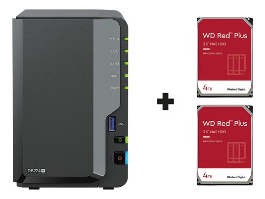 SYNOLOGY DiskStation DS224+ con 2 NAS WD Red Plus da 4 TB (HDD) - NAS (HDD, SSD, 8 TB, Nero)
