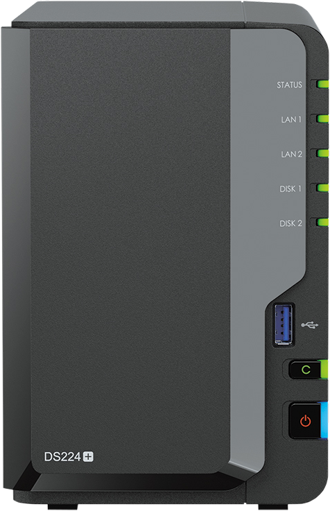 Un server NAS nero con luci che indicano lo stato e l'attività di rete. Il marchio non è visibile.