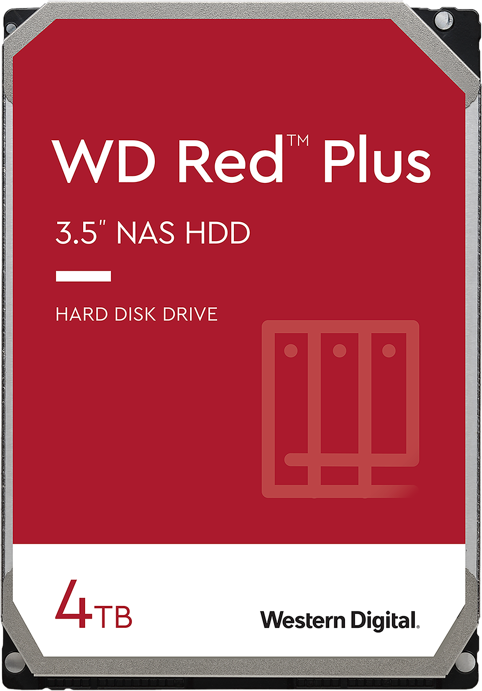 Un disco rigido NAS HDD WD Red Plus da 3,5" rosso e argento, con il logo Western Digital.