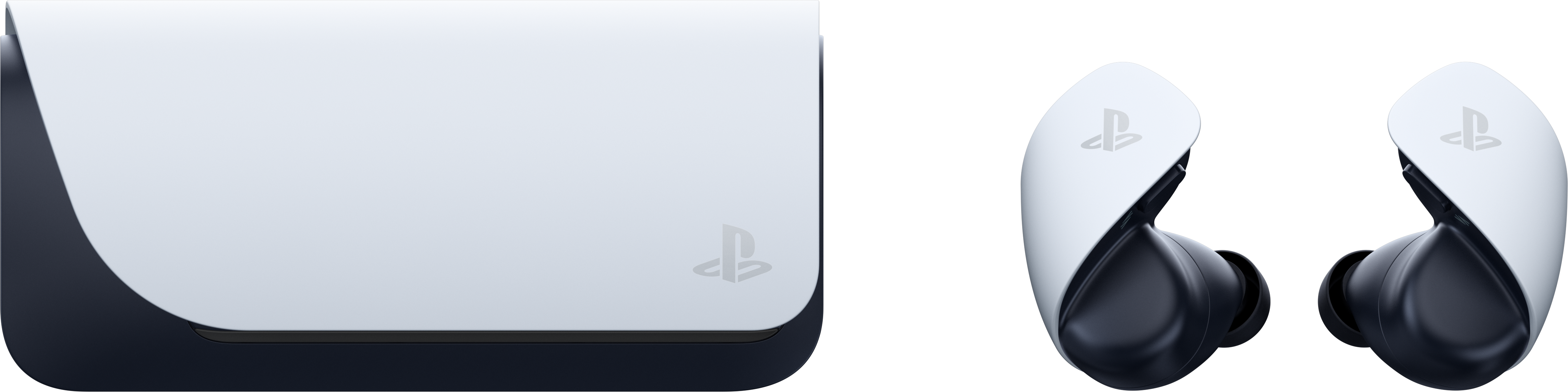 Weiße und schwarze PlayStation 5 Hülle und Ohrhörer. Die Hülle hat das PlayStation-Logo.