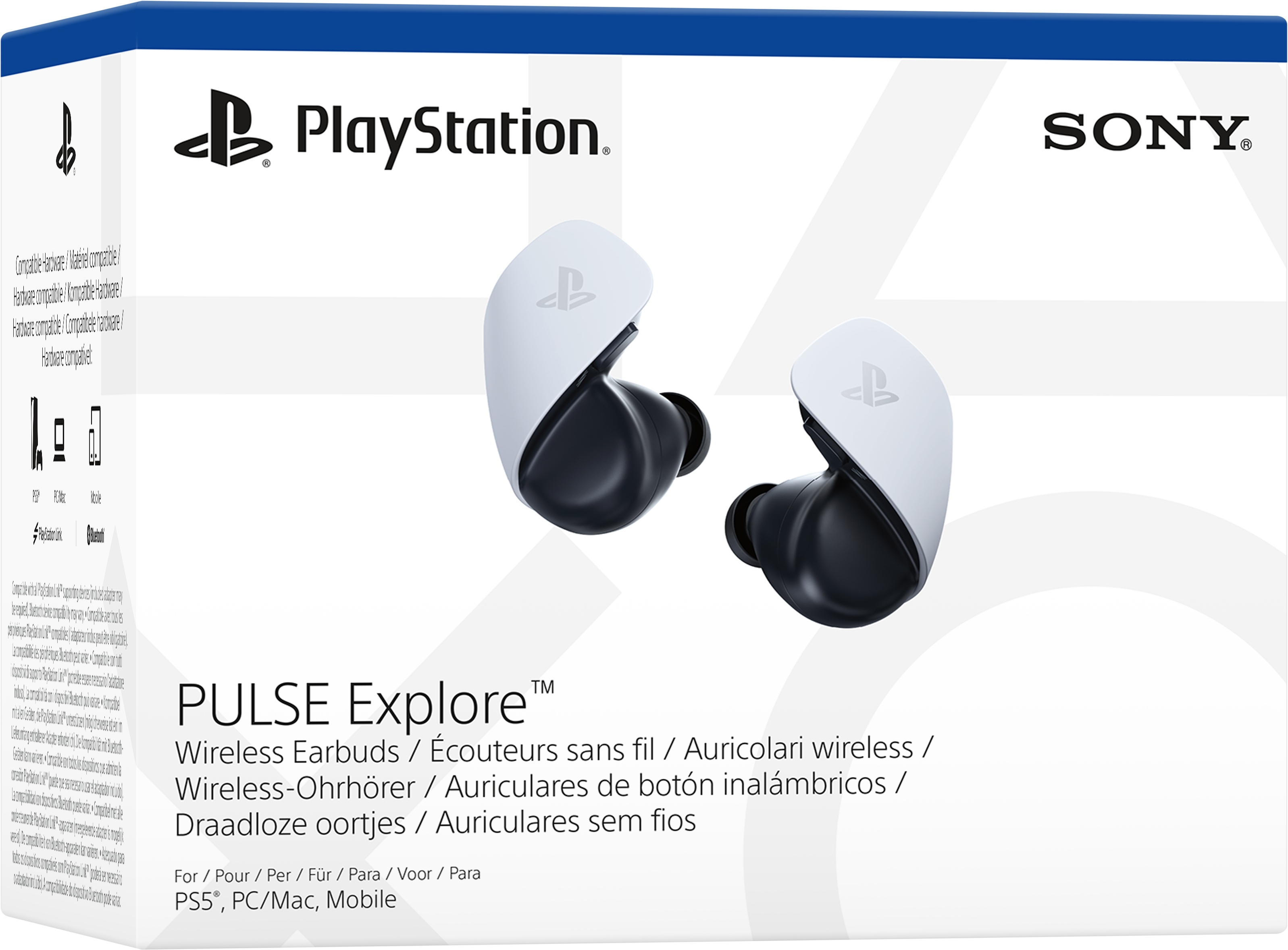 Box mit weißen/schwarzen PlayStation Pulse Explore kabellosen Ohrhörern, PlayStation-Logo und Sony-Logo.