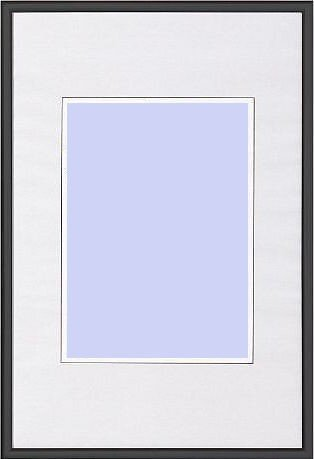 Czarny obraz w ramie z białym passe-partout i niebieskim prostokątem wewnętrznym.