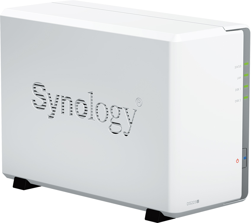NAS Synology DS223j blanc, avec le logo Synology et les voyants d'état.