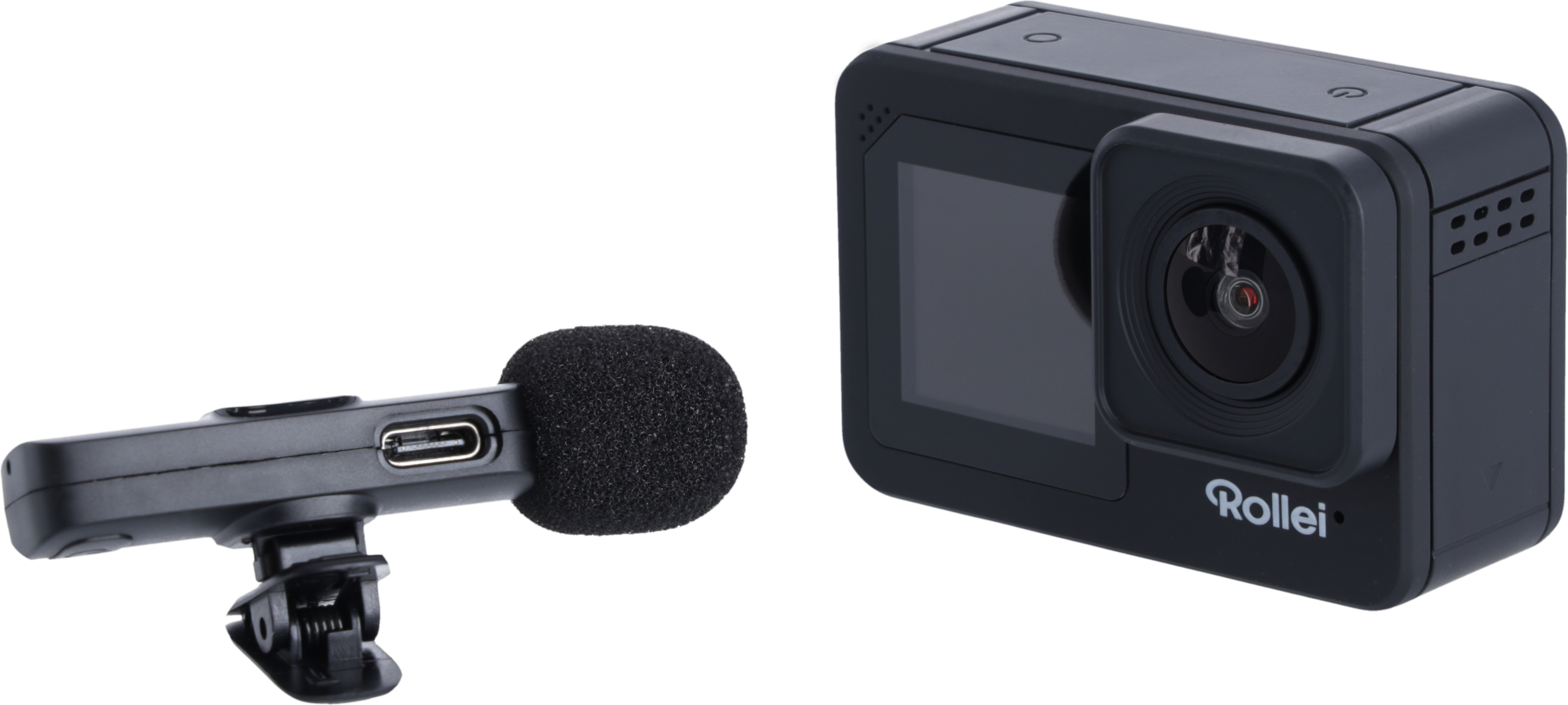 Schwarze Rollei Action-Kamera und Mikrofon. Kamera hat einen Bildschirm. Mikrofon hat einen USB-C-Anschluss.