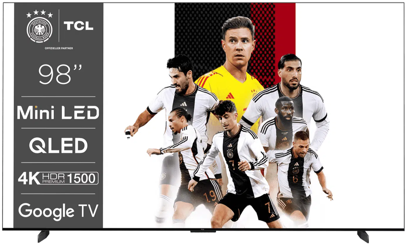 Ein Fernsehbildschirm mit einem Fußballteam und Markenangaben.