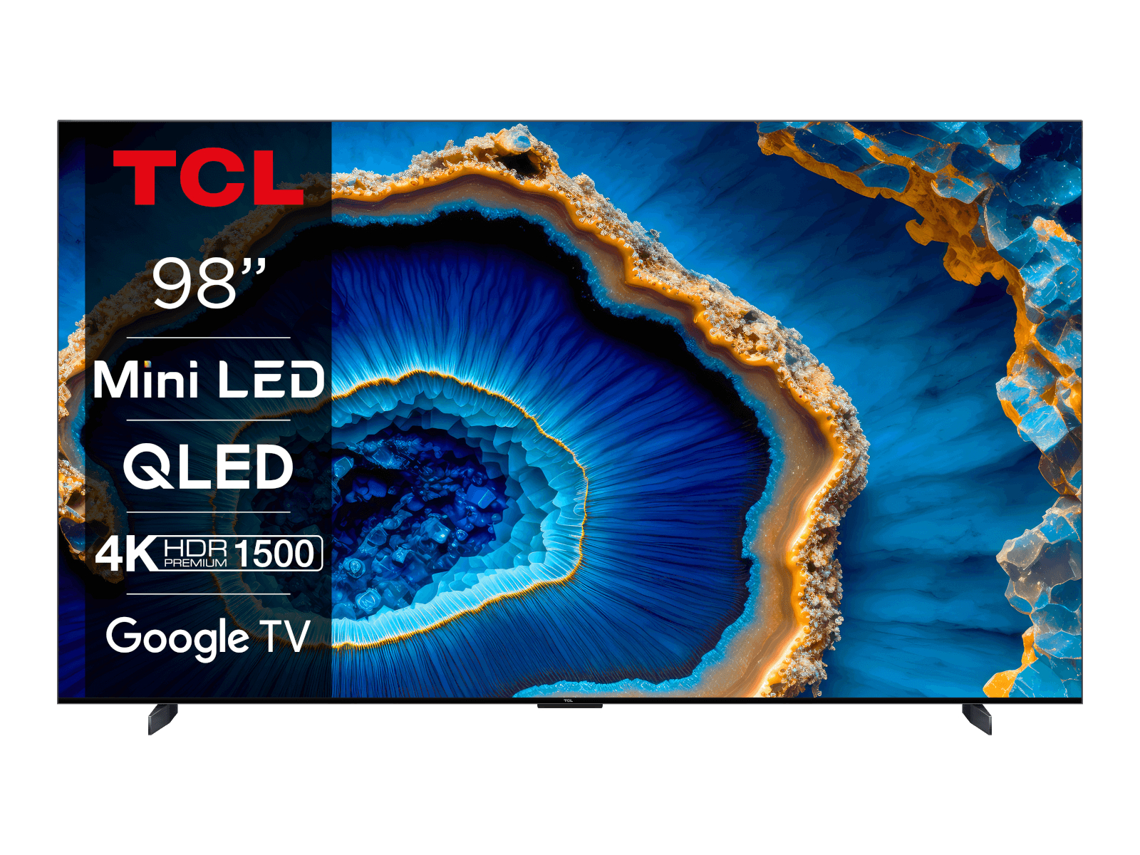 TCL 98" Mini LED QLED 4K HDR Google TV auf weißem Hintergrund.