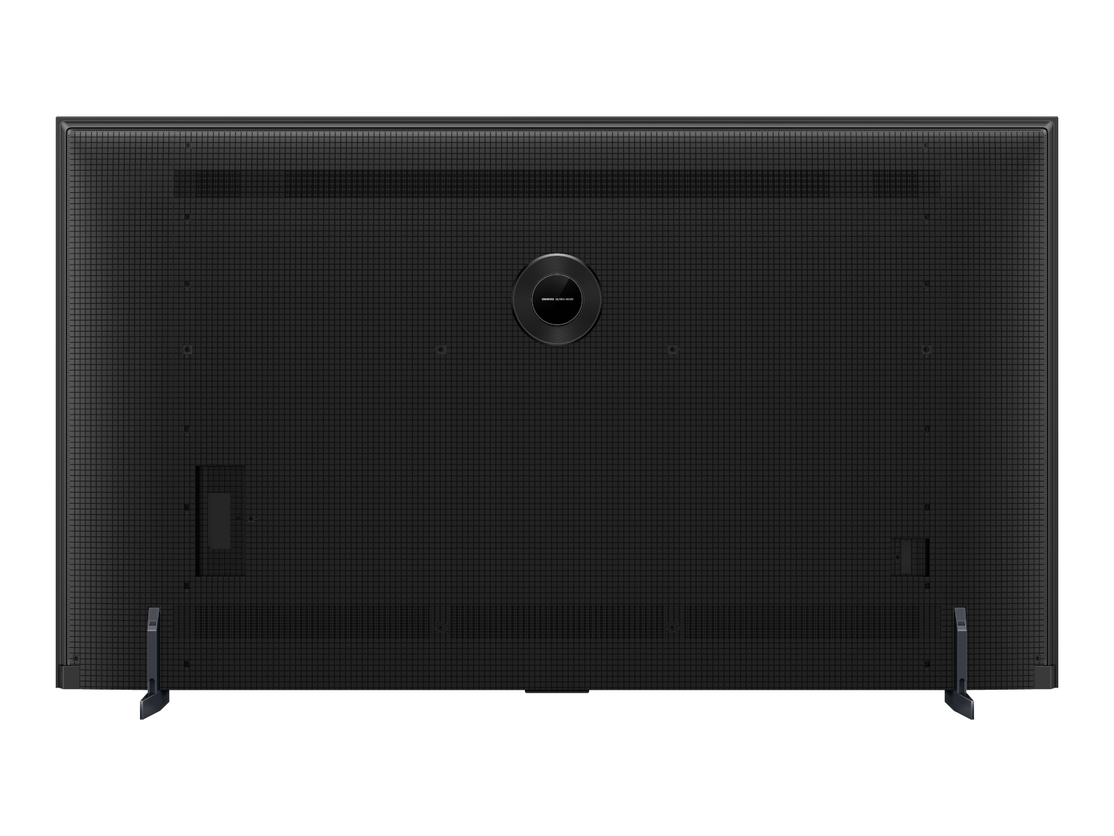 Schwarze TV-Rückseite mit Gittermuster und zentralem Logo.