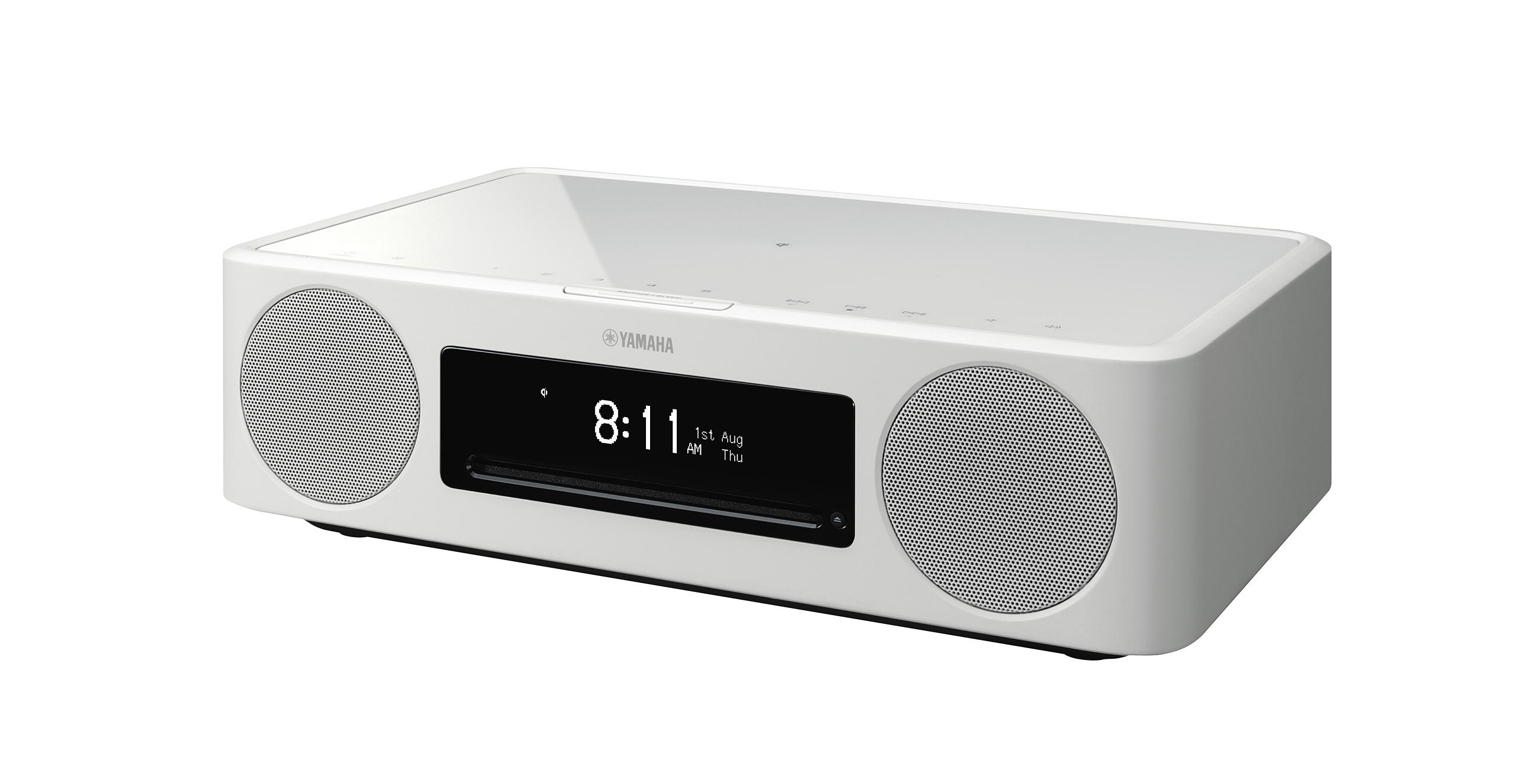 Ein weißes Yamaha Soundsystem mit Digitalanzeige.