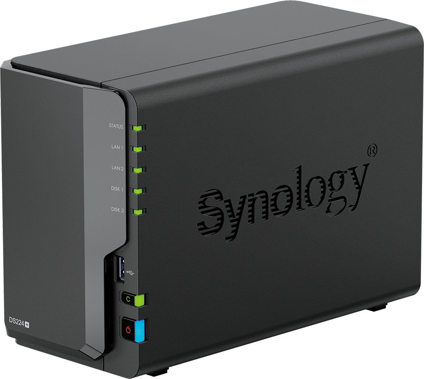 Dispositivo NAS Synology nero. Il frontale mostra spie di stato, porte e pulsante di accensione.