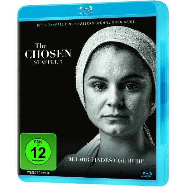 Blu-ray-Disc-Hülle. Bild einer Frau mit Text, 'The Chosen' und 'Bei mir findest du Ruhe'.