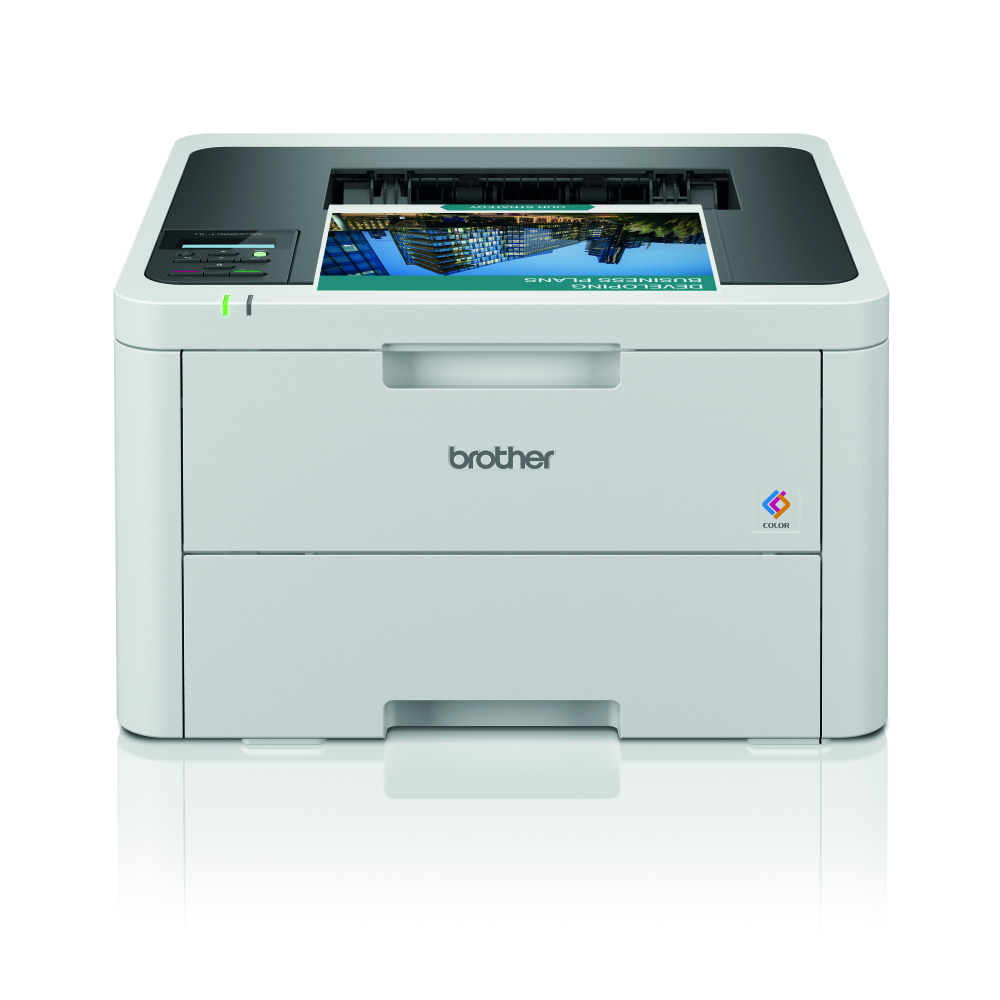Ein weißer Brother-Drucker, der das Papierfach und das Bedienfeld mit einem gedruckten Dokument zeigt.