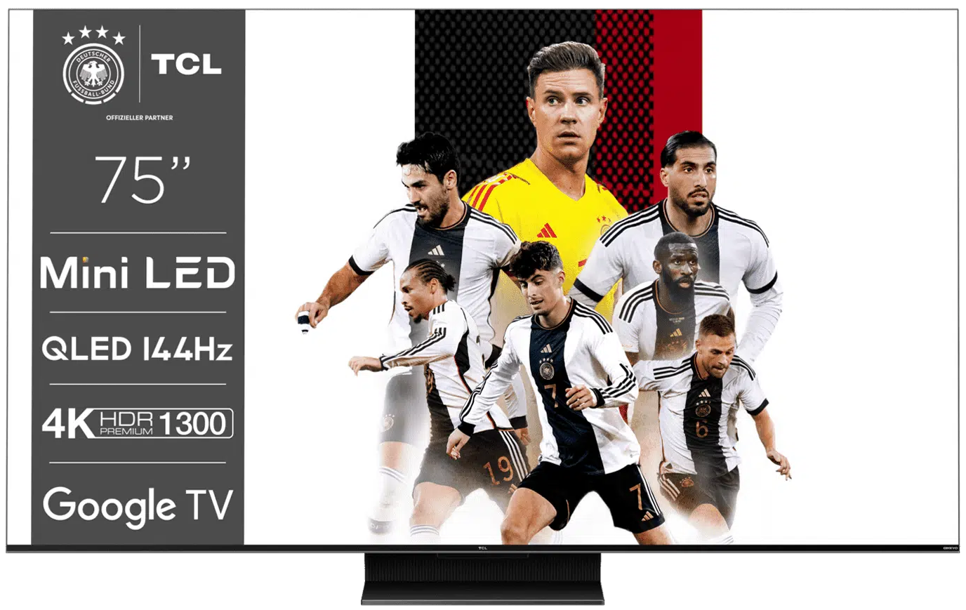 TCL 75" Mini LED-Fernseher mit Fußballspielern im Hintergrund.