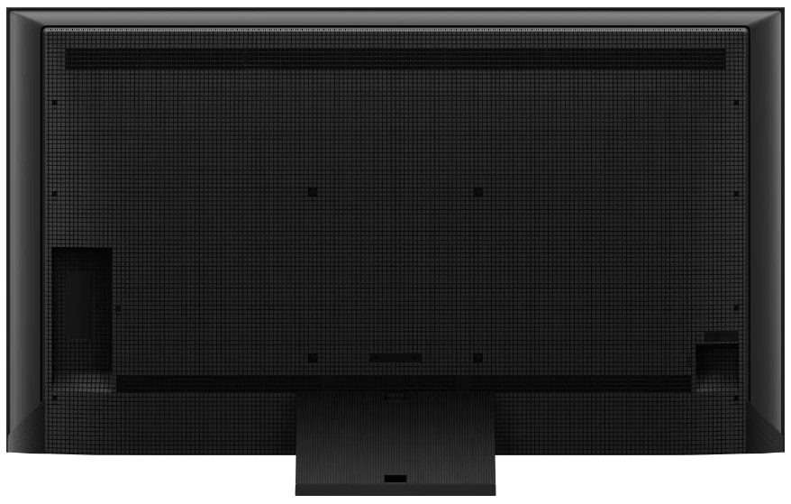 Schwarze Rückseite eines Fernsehers mit Lautsprechergrill und Ständer. Auf Weiß isoliert.