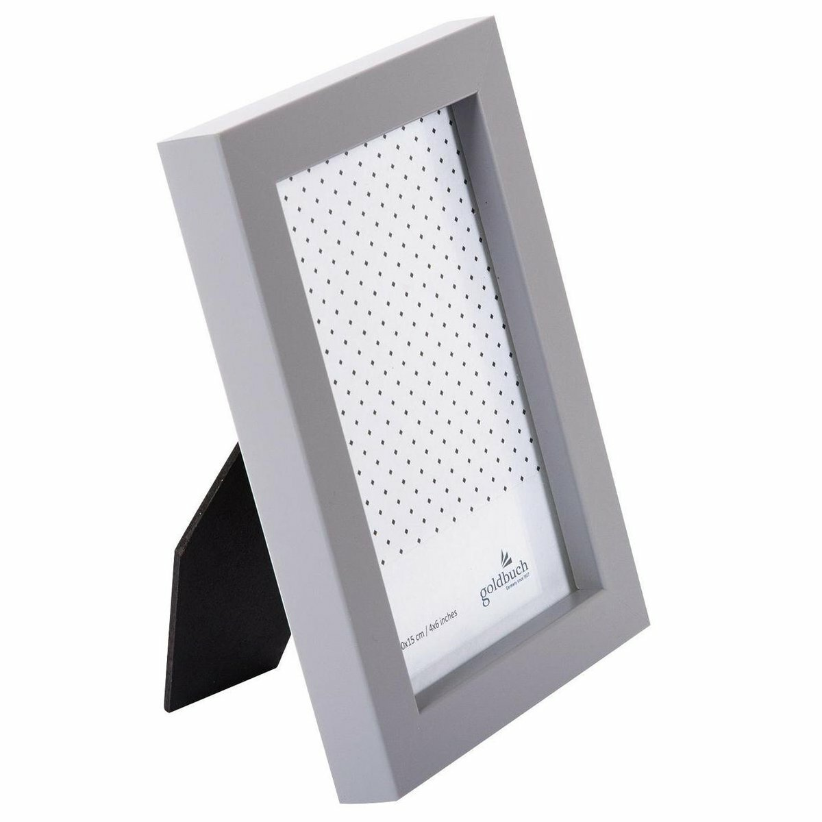 Szara ramka na zdjęcia z białym, kropkowanym tłem, z czarną podstawką na białej powierzchni.
