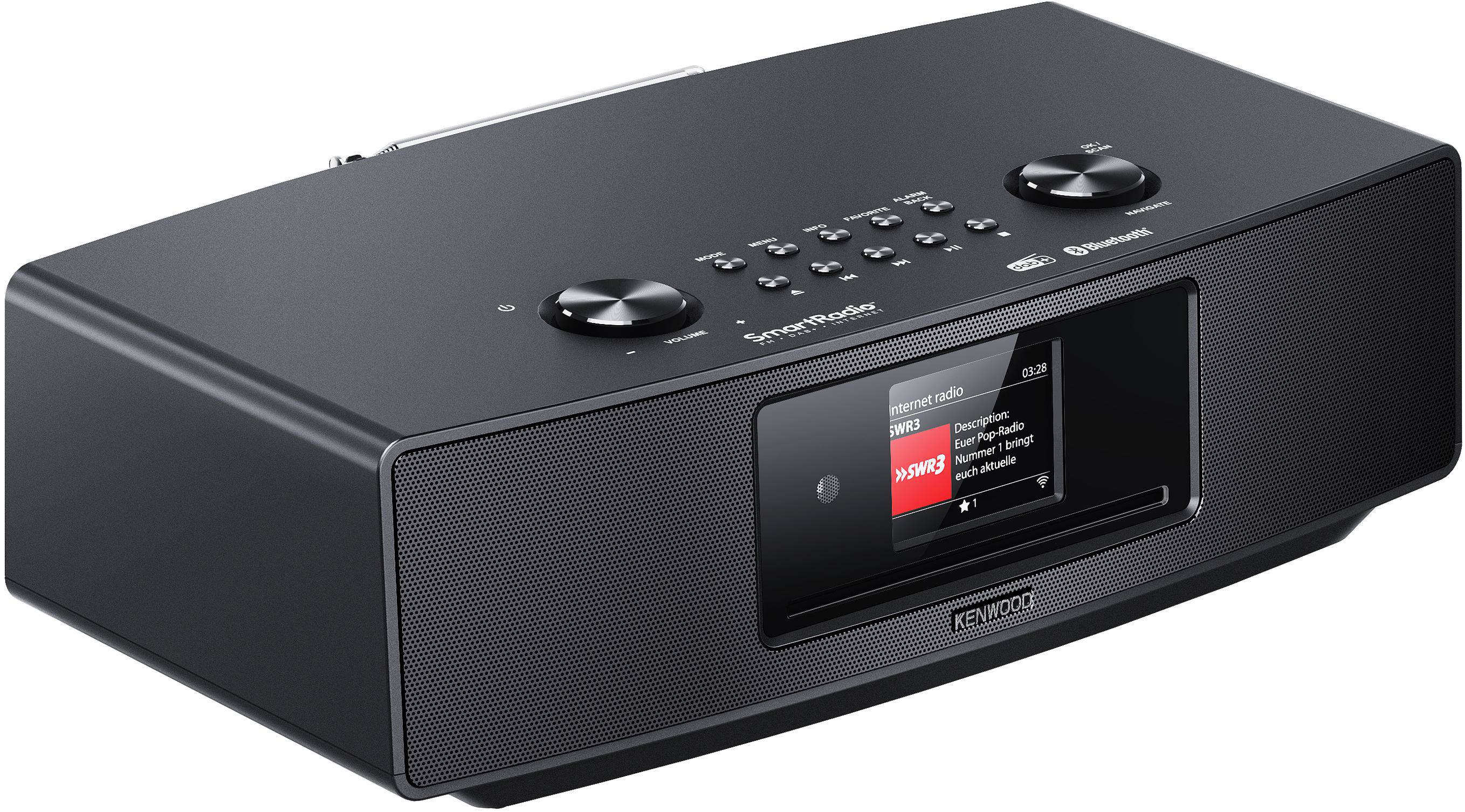 Schwarzes Radio mit Display, das Internetradio zeigt, mit Knöpfen und einer kleinen Antenne.