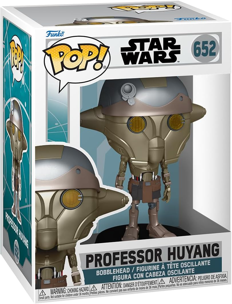 Una figura Funko Pop! del Profesor Huyang de Star Wars en una caja expositora.