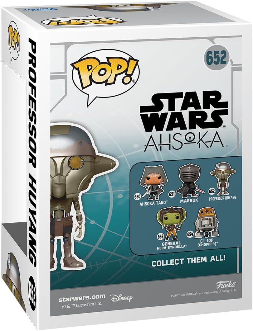Caja Funko Pop! con la figura de Star Wars Ahsoka, el Profesor Huyang y otros personajes.