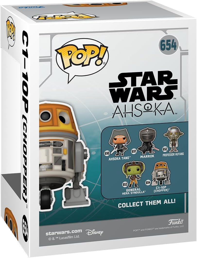 Caja de figuras Funko Pop de Star Wars Ahsoka, mostrando los personajes y el arte de la caja.