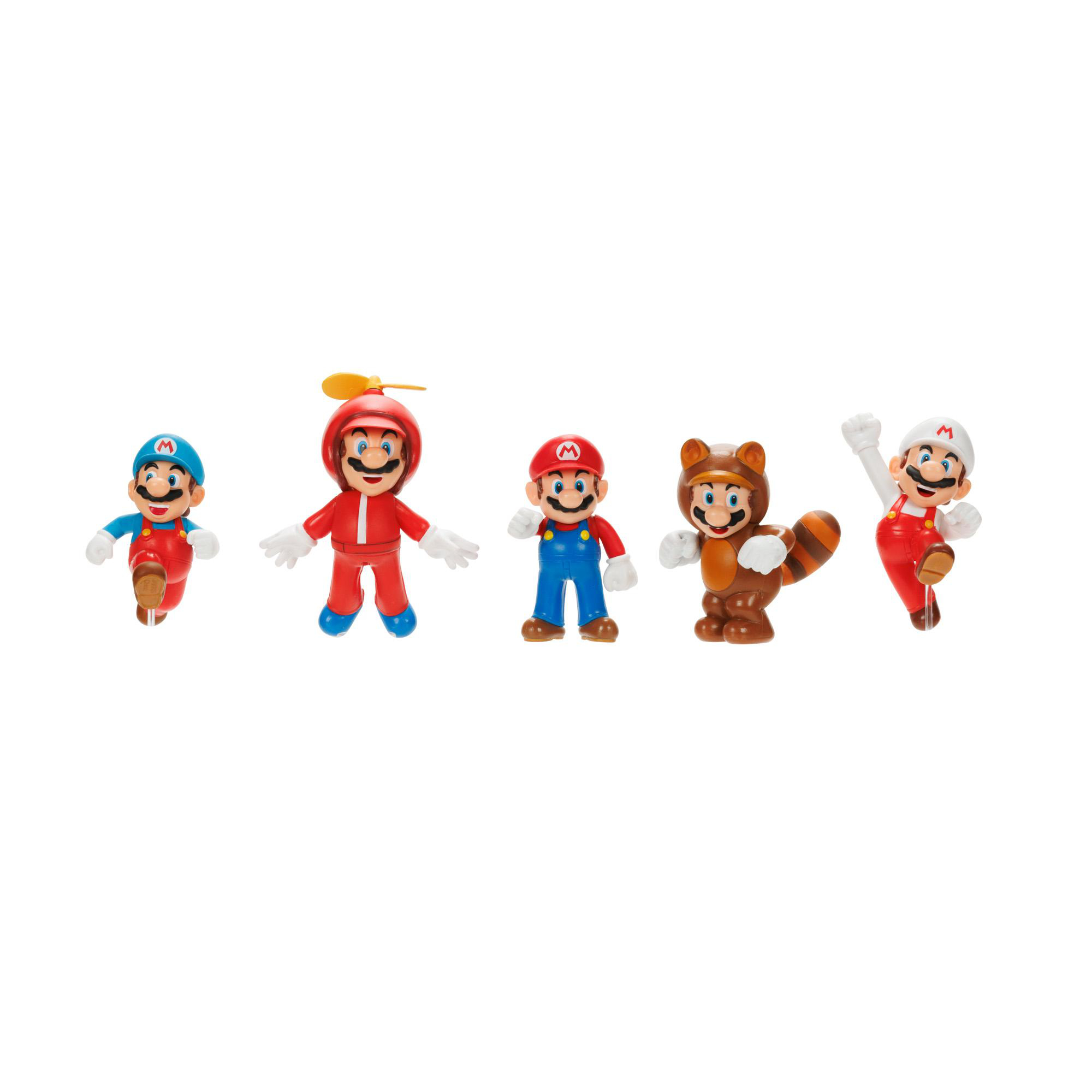 Fünf Mario-Figuren in verschiedenen Kostümen sind in einer Reihe auf weißem Hintergrund angeordnet.