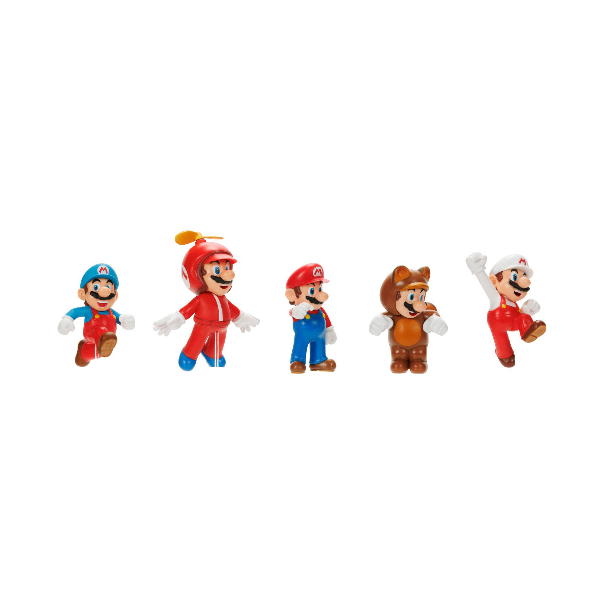 Fünf Mario-Actionfiguren, verschiedene Posen, auf weißem Hintergrund.