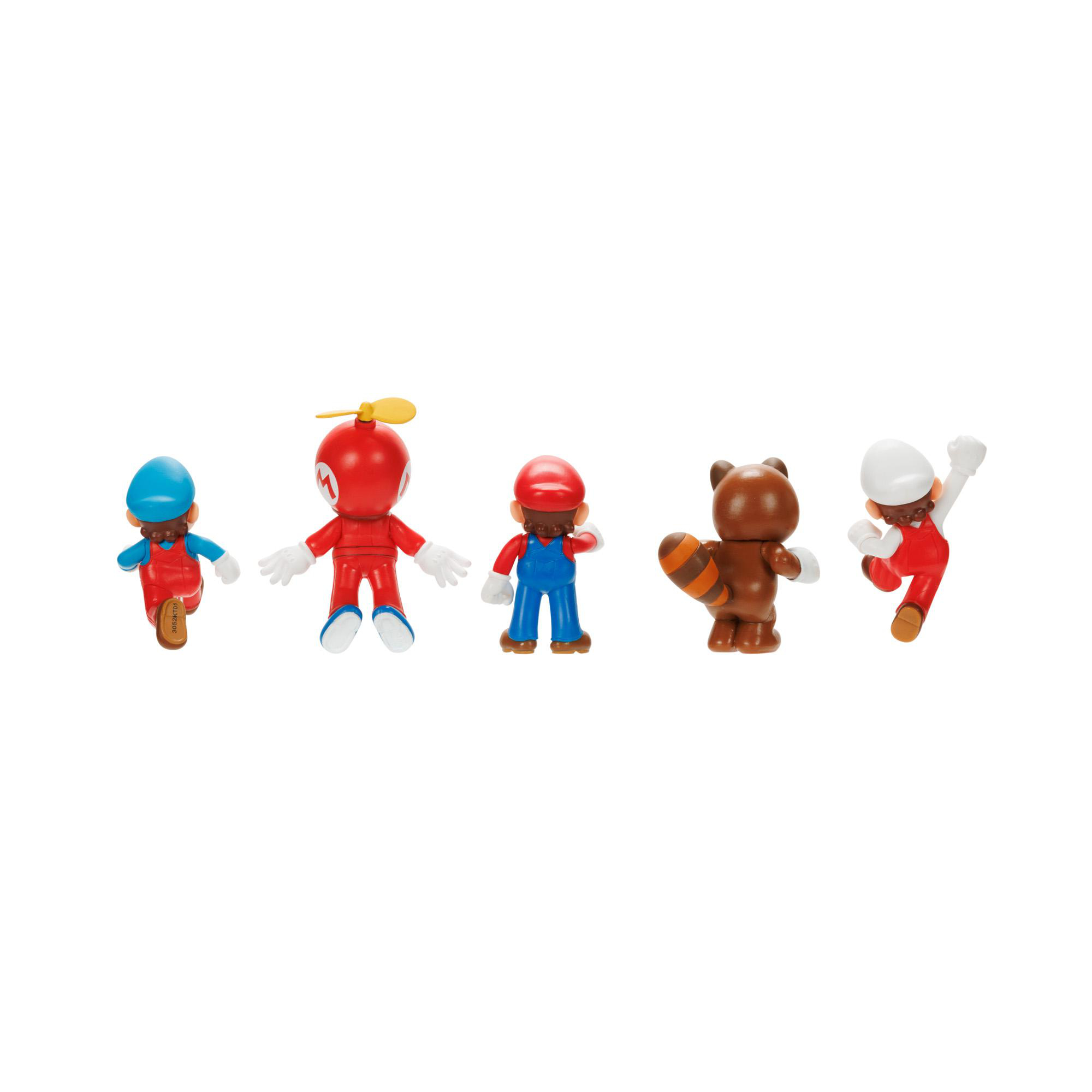 Fünf kleine Super Mario-Figuren sind aufgereiht, jede in verschiedenen Posen und Kostümen.