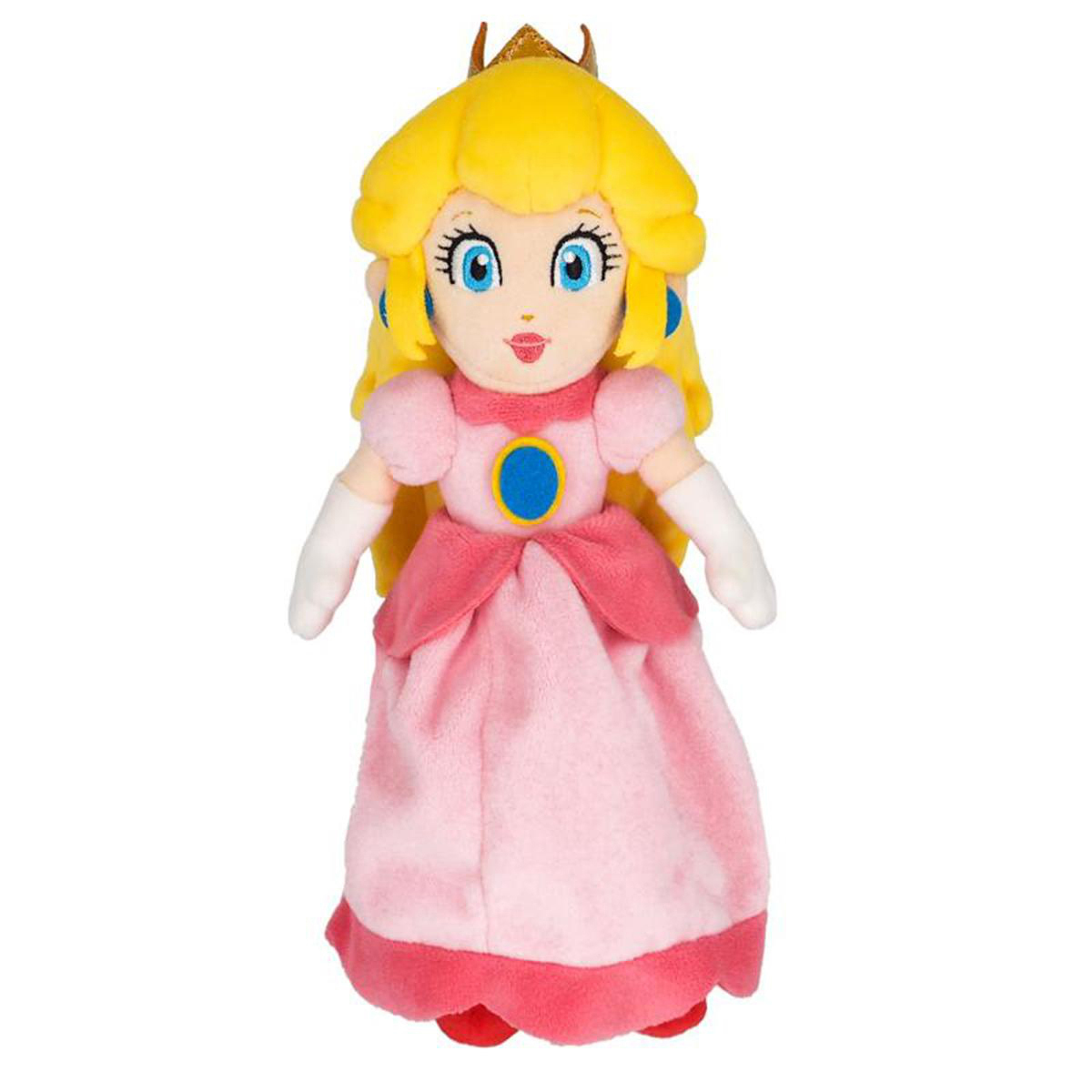 Plüschtier Prinzessin Peach mit blonden Haaren, blauem Auge und rosa Kleid.