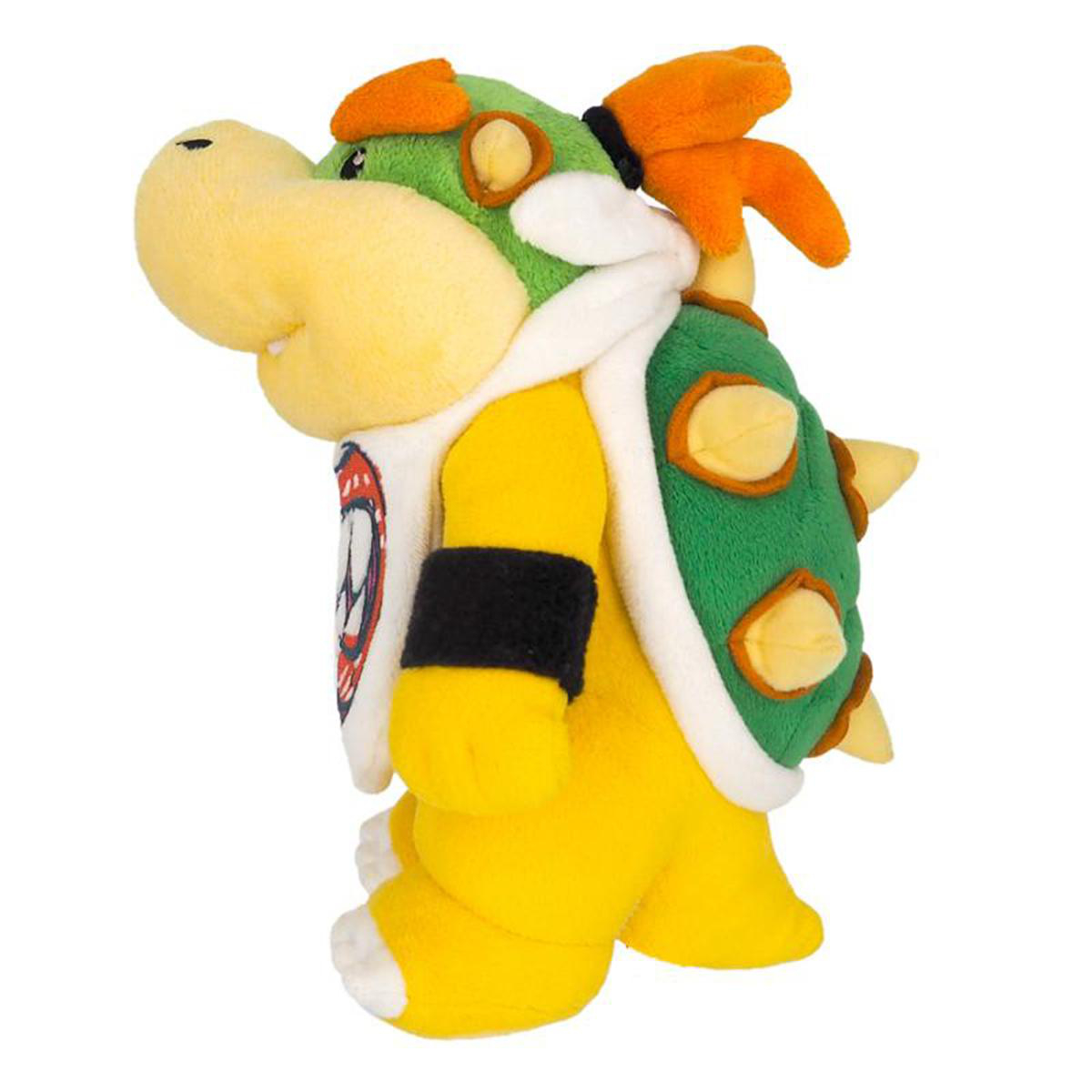 Bowser Plüschtier, grüner Panzer, gelber Körper, hält ein weißes Schild mit rotem Symbol. Seitenansicht.