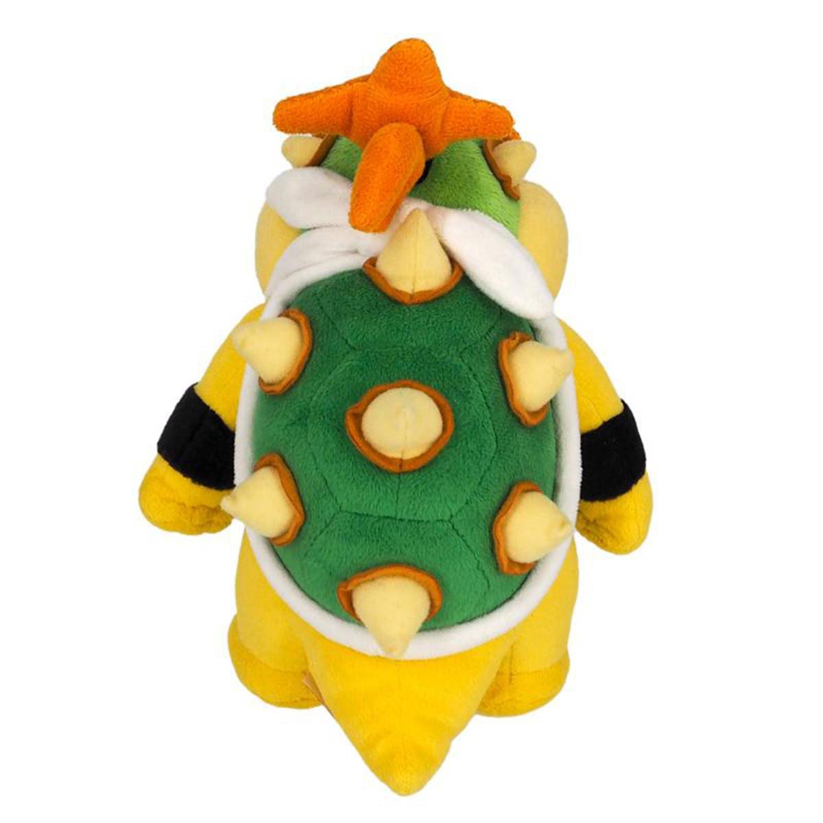 Gelbes Bowser-Plüschtier mit grünem Panzer und orangen Hörnern. Weiße Brust und Stacheldetails.