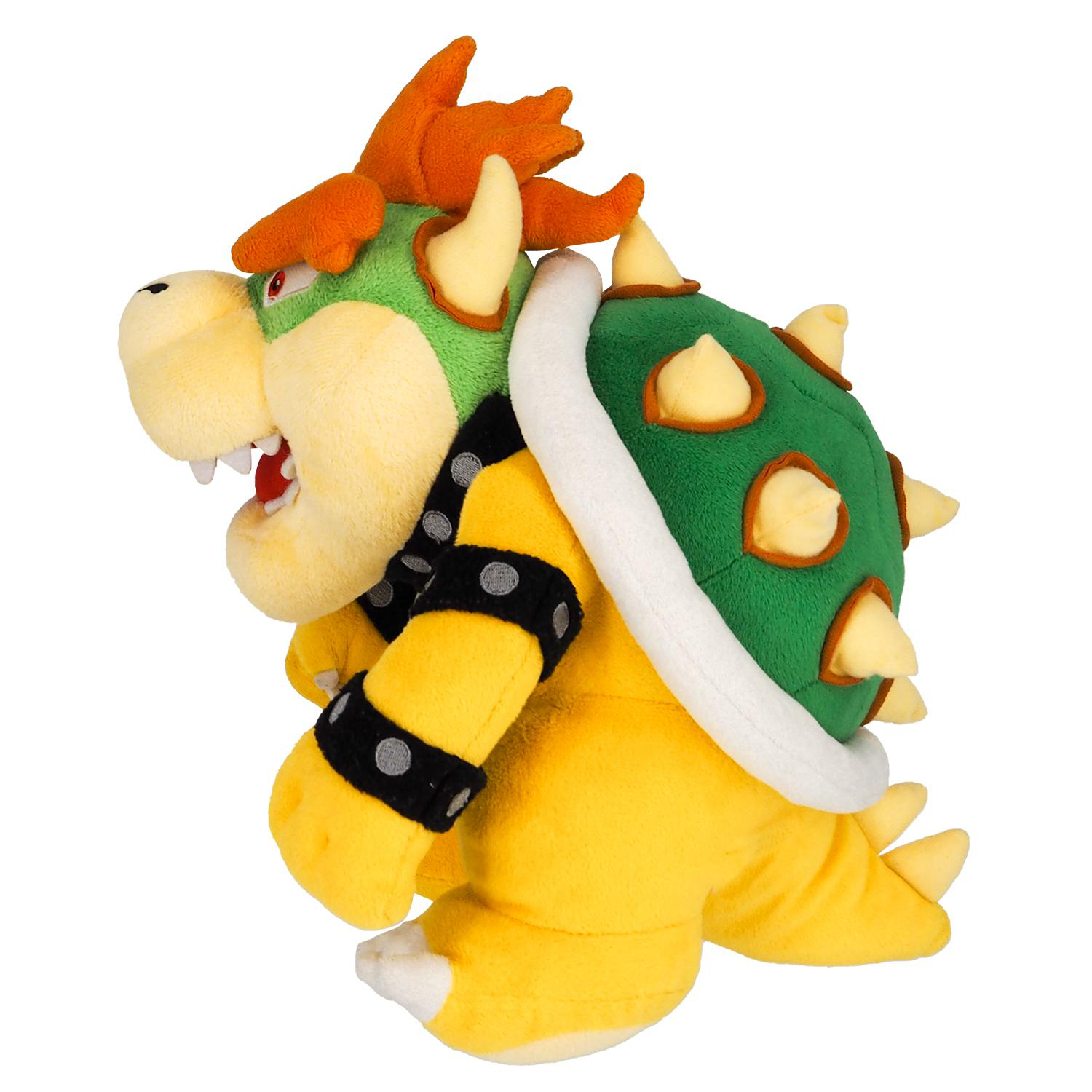 Bowser-Plüschtier, gelber Körper, grüner Panzer, orangefarbene Haare, weißer Hintergrund.