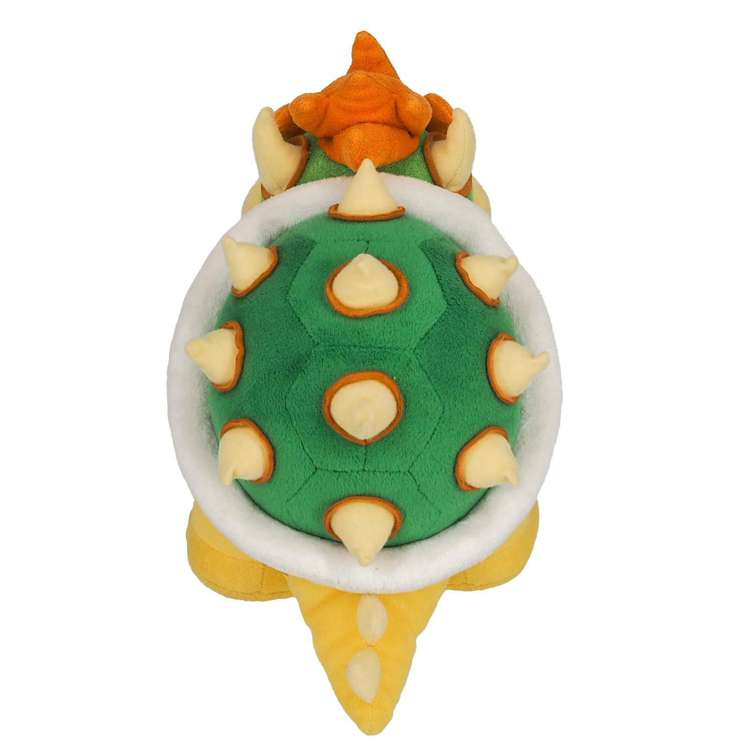 Bowser-Plüschtier, grüner Panzer, orangefarbene Stacheln, weißer Hintergrund.