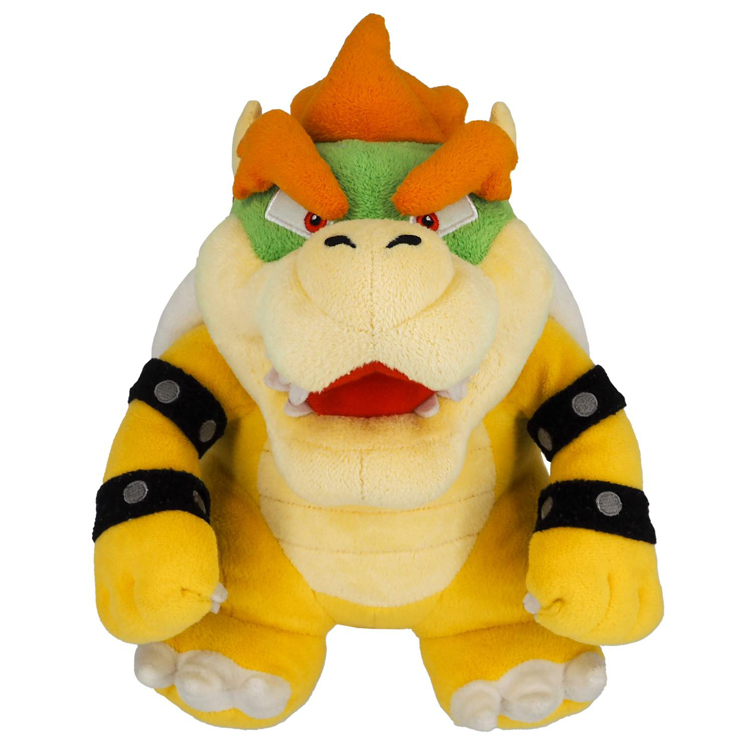 Ein gelber Bowser-Plüsch mit grünen und orangen Akzenten, der aufrecht steht.