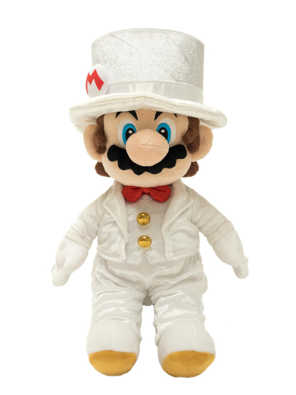Mario-Plüschtier in einem weißen Smoking und Zylinder. Er hat eine rote Fliege und einen Schnurrbart.