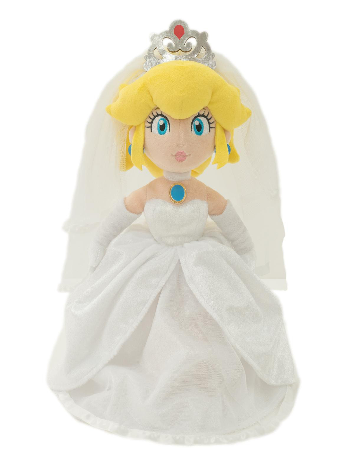 Eine Prinzessin Peach-Puppe in einem Hochzeitskleid, Schleier und Tiara, auf Weiß.