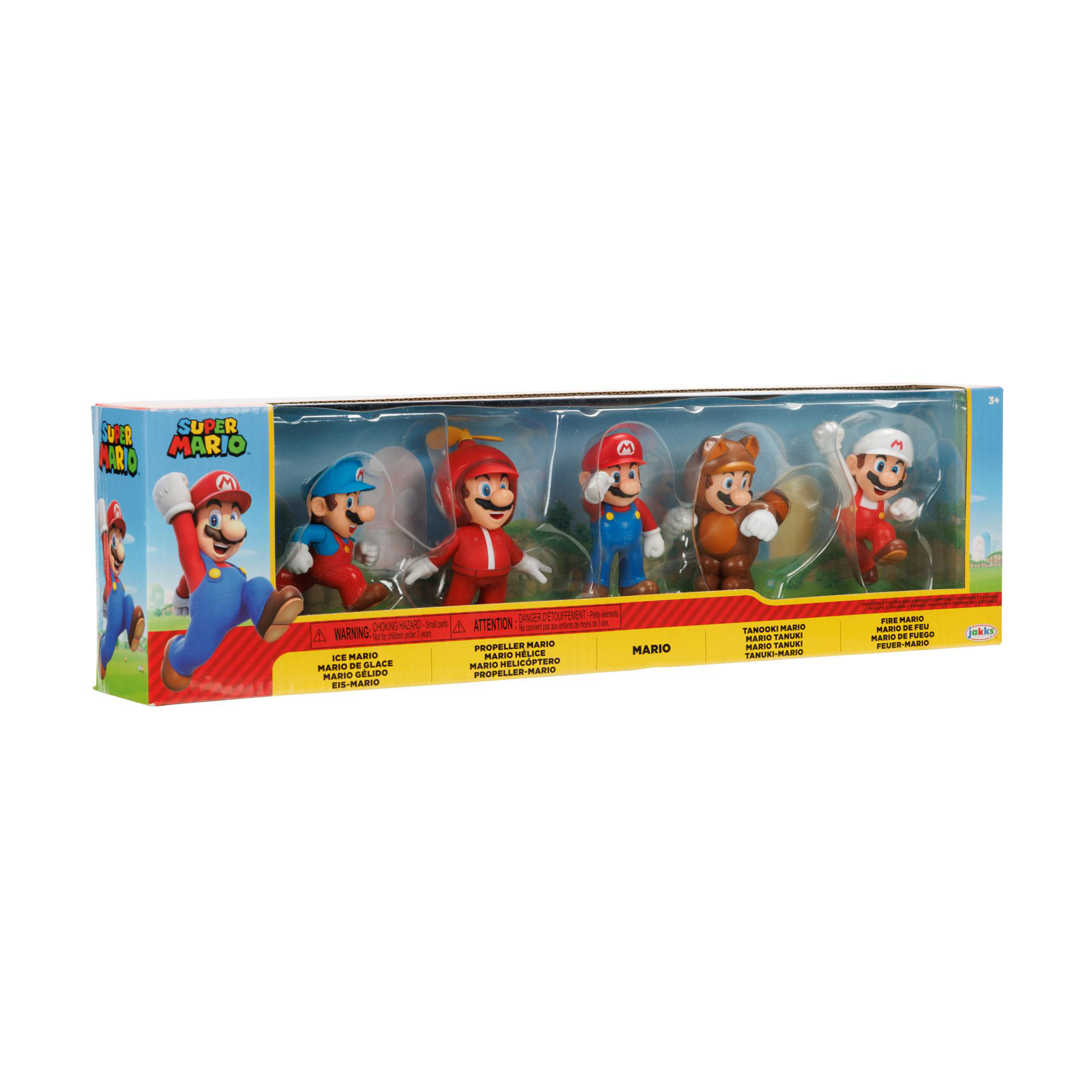 Super Mario Spielzeugset mit verschiedenen Mario-Figuren in unterschiedlichen Kostümen, in bunter Box verpackt.