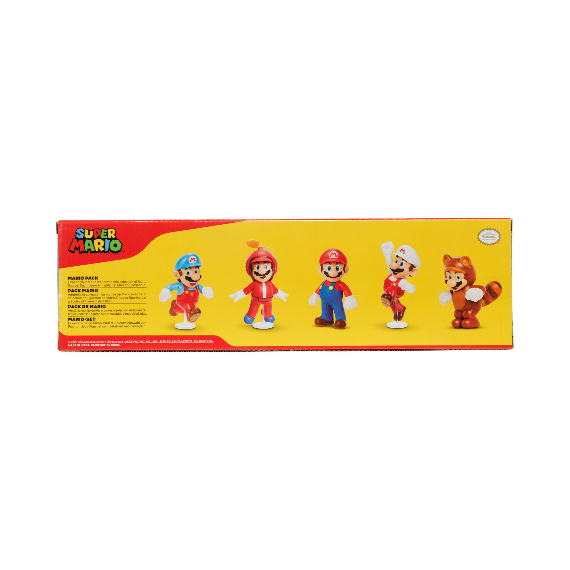 Box-Set mit Super Mario Figuren: Mario, Luigi, Feuer-Mario, Mario mit Flügeln und ein Waschbär-Mario.