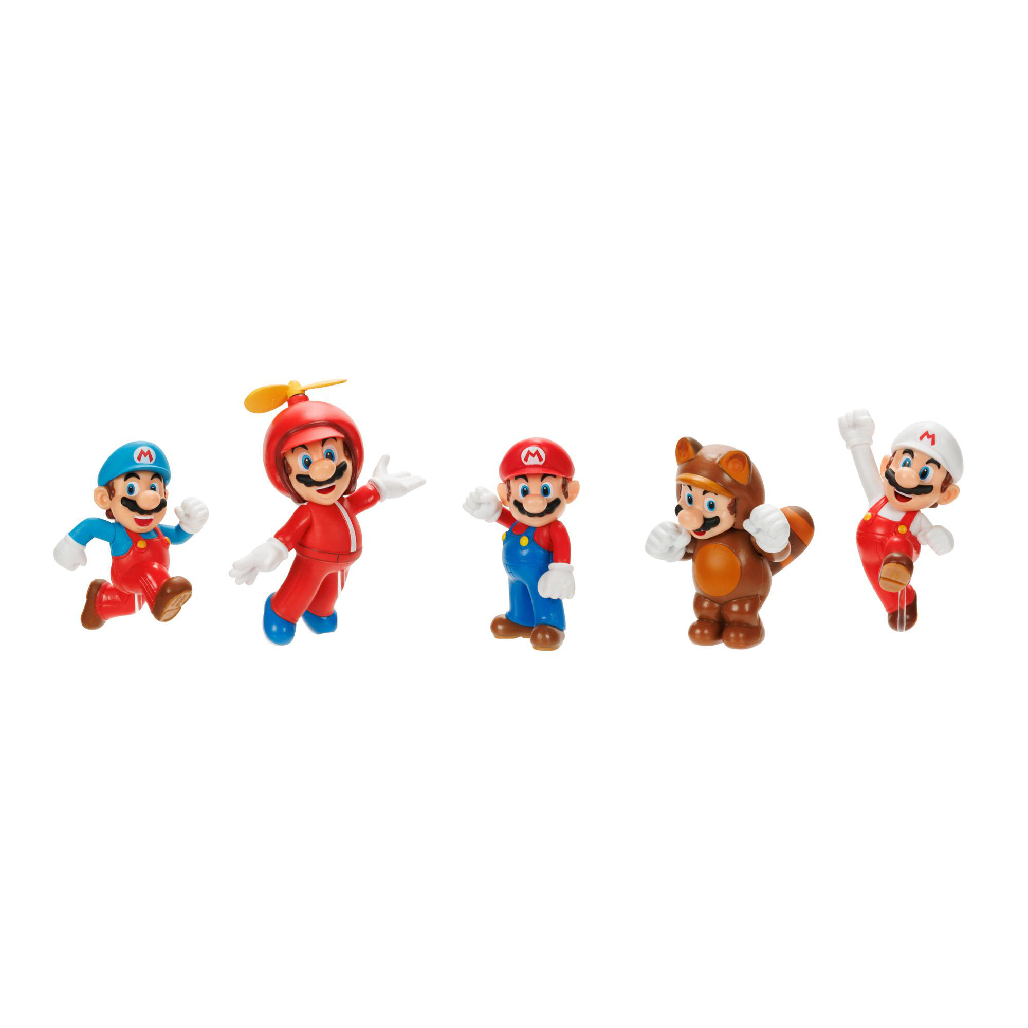 Fünf Super Mario-Figuren in verschiedenen Posen, darunter Mario, mit weißem Hintergrund.