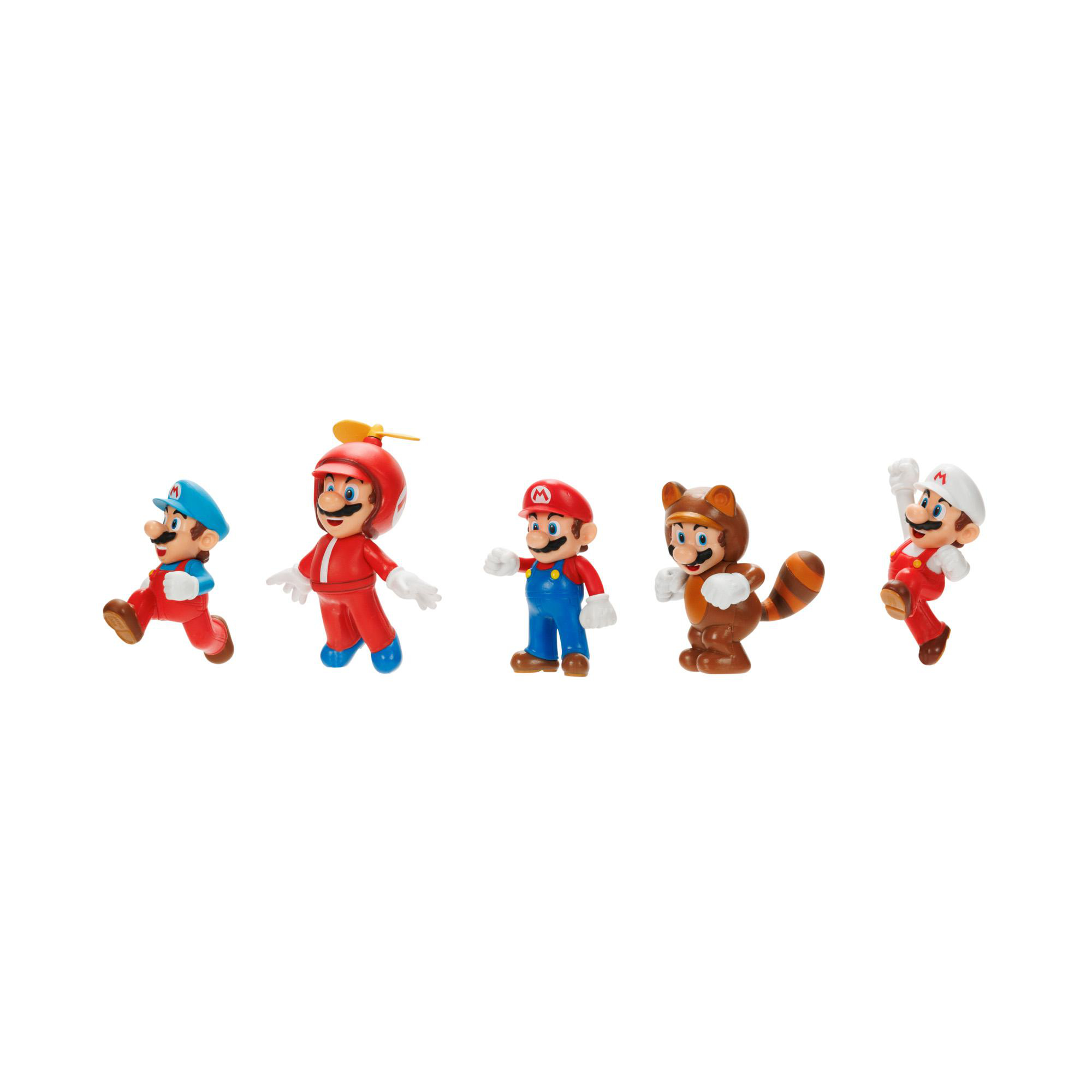 Gruppe von fünf Super Mario Figuren in verschiedenen Posen, auf weißem Hintergrund.