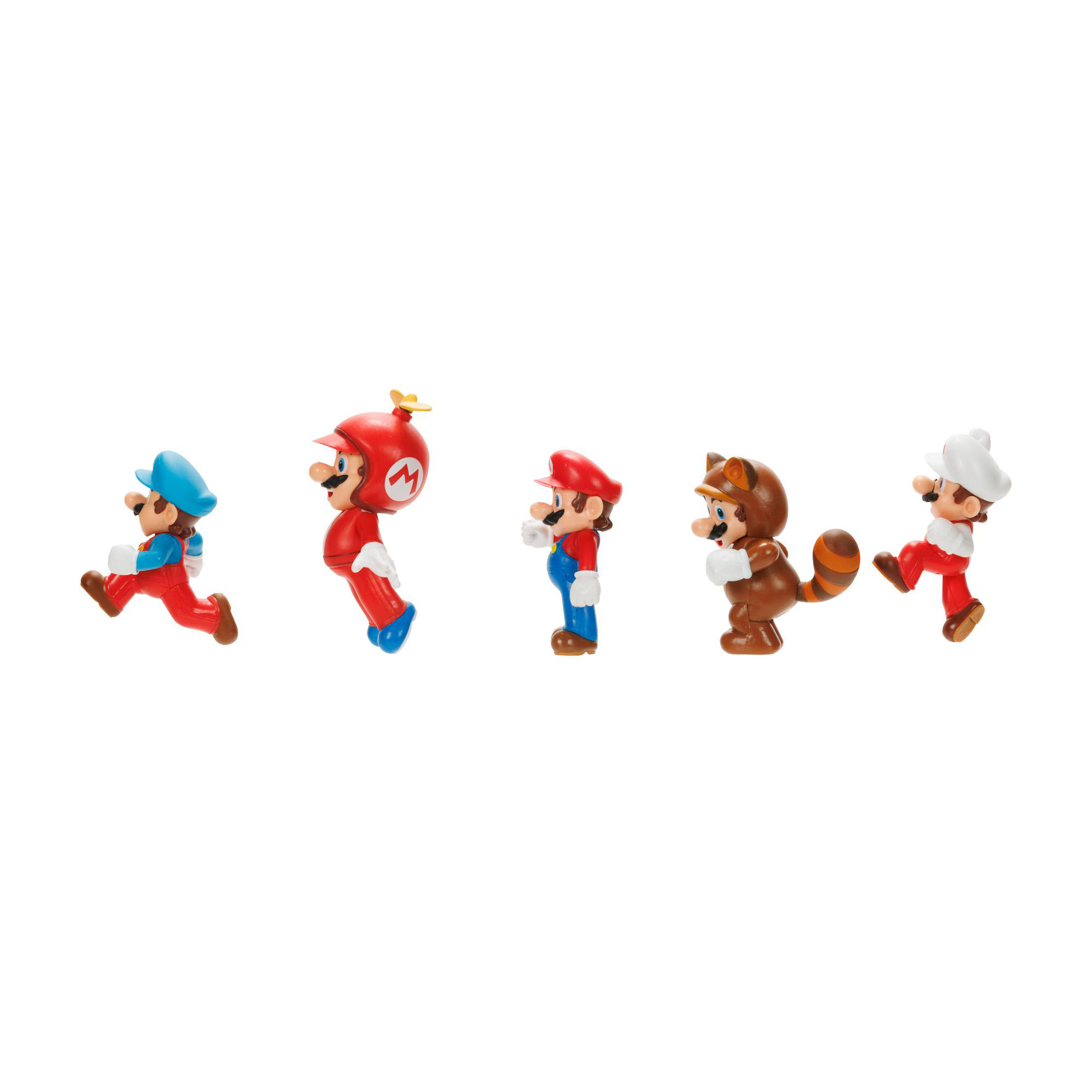 Fünf Mario-Figuren in verschiedenen Kostümen. Sie stehen in einer Reihe, in verschiedenen Posen.