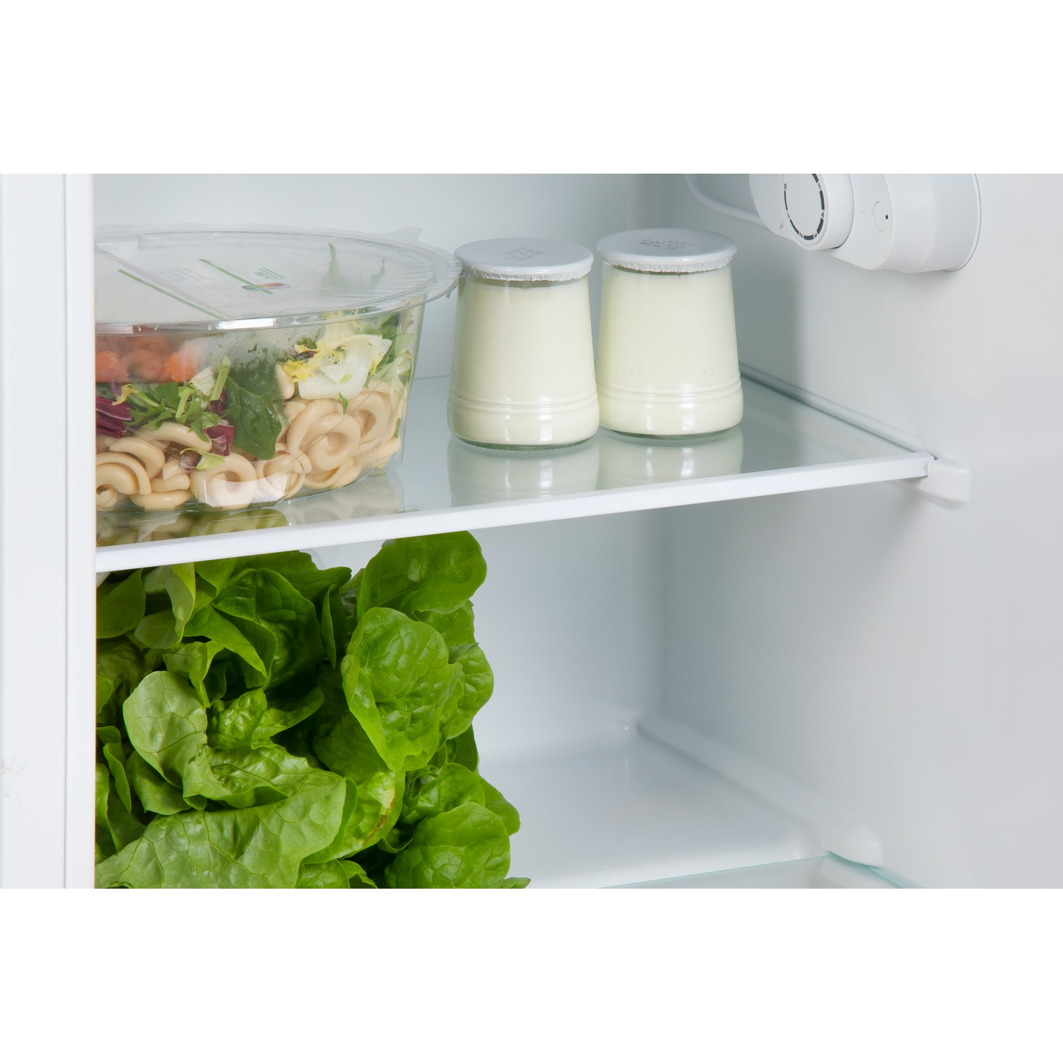 Inside a fridge: salad in container, yogurt, and lettuce. White shelves and background.