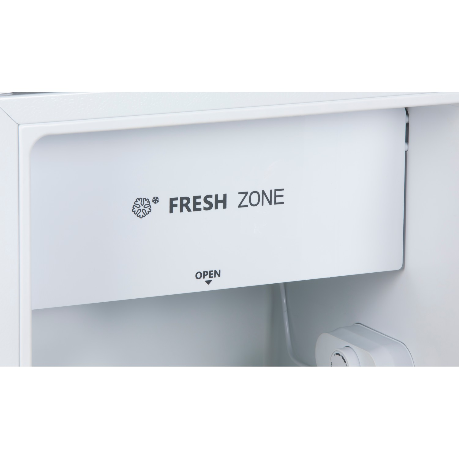 Close-up of a white refrigerator drawer labeled 'FRESH ZONE' with a snowflake symbol and an open sign.