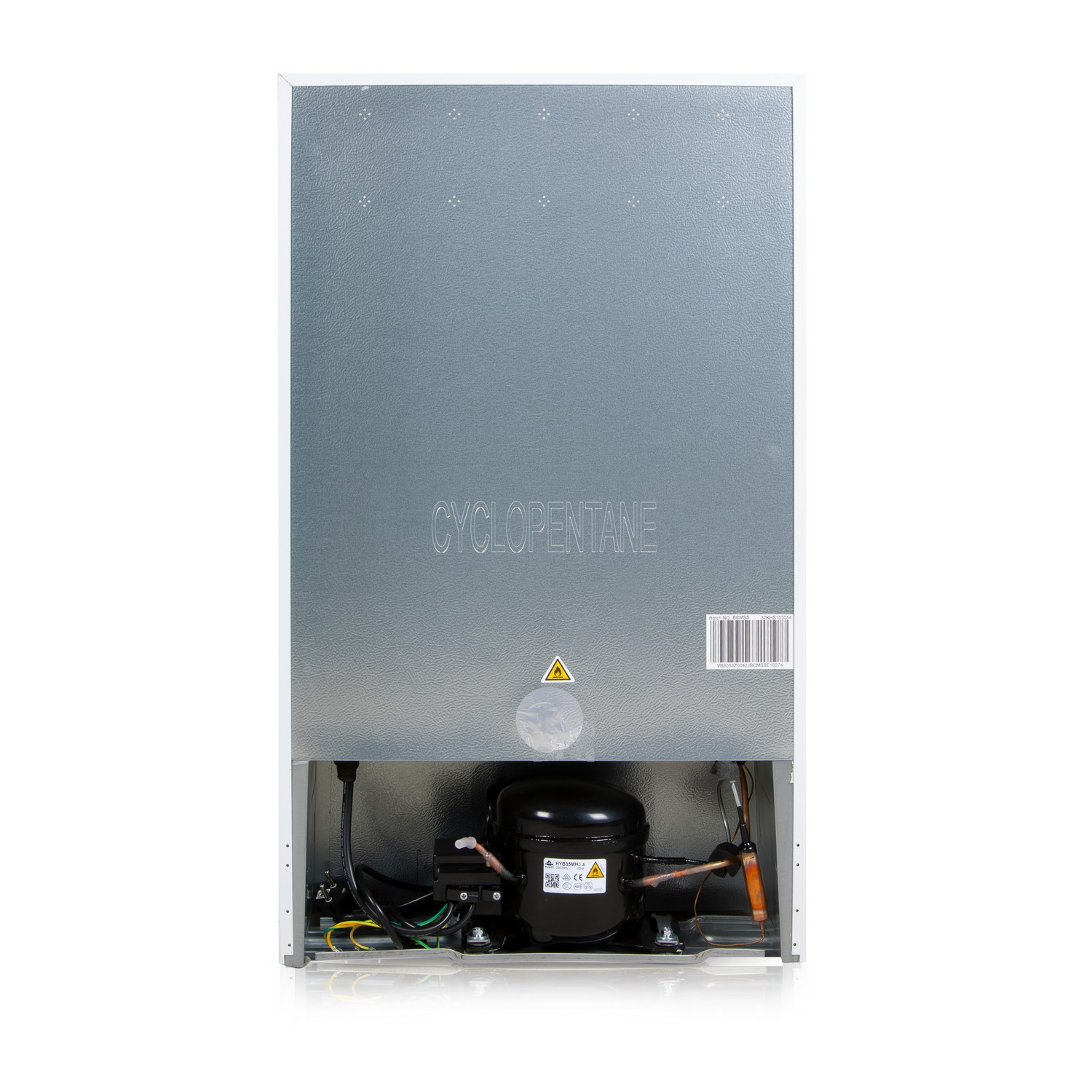 Back view of a refrigerator, showing the compressor, cooling components, and the Cyclopentane label.