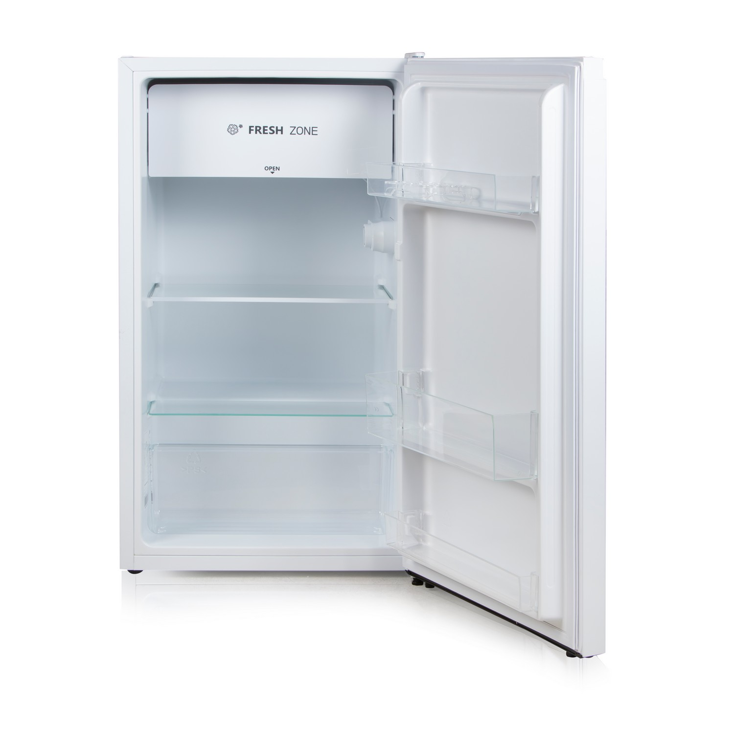 White refrigerator with the door open. Inside are glass shelves and a fresh zone.