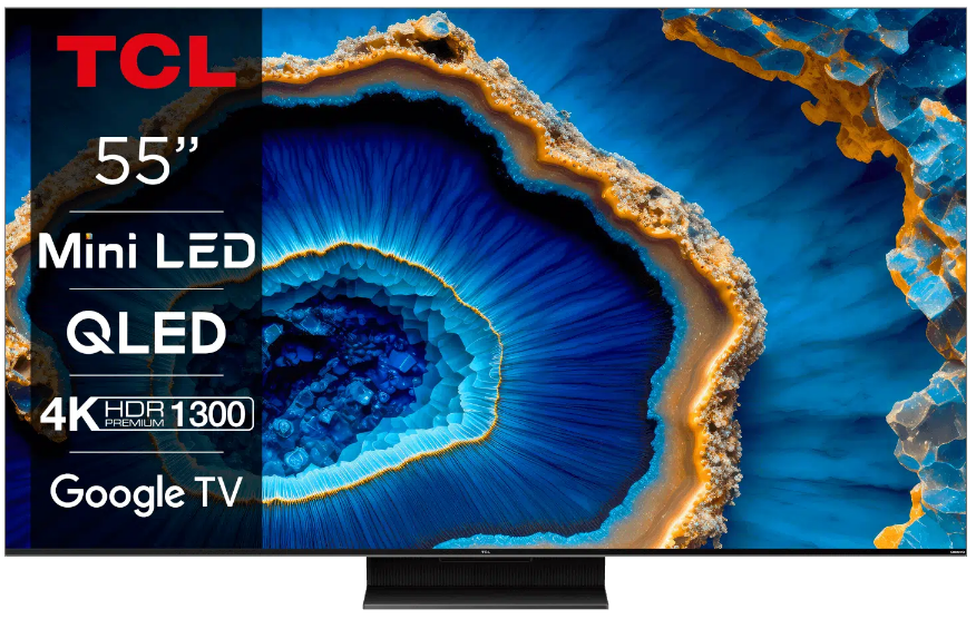 TCL 55-Zoll-Fernseher mit einem farbenfrohen abstrakten Bild mit Textüberlagerung.