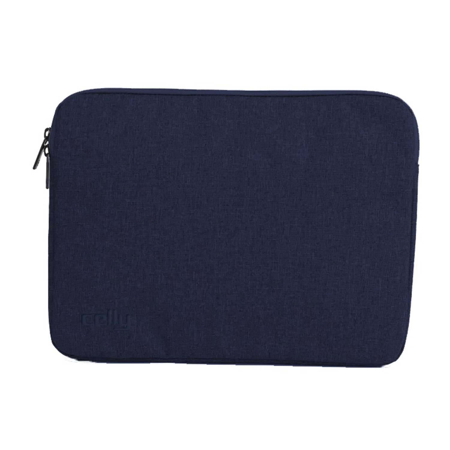 Una custodia per laptop blu navy. È liscia con una cerniera laterale e la parola 'celly' in basso.