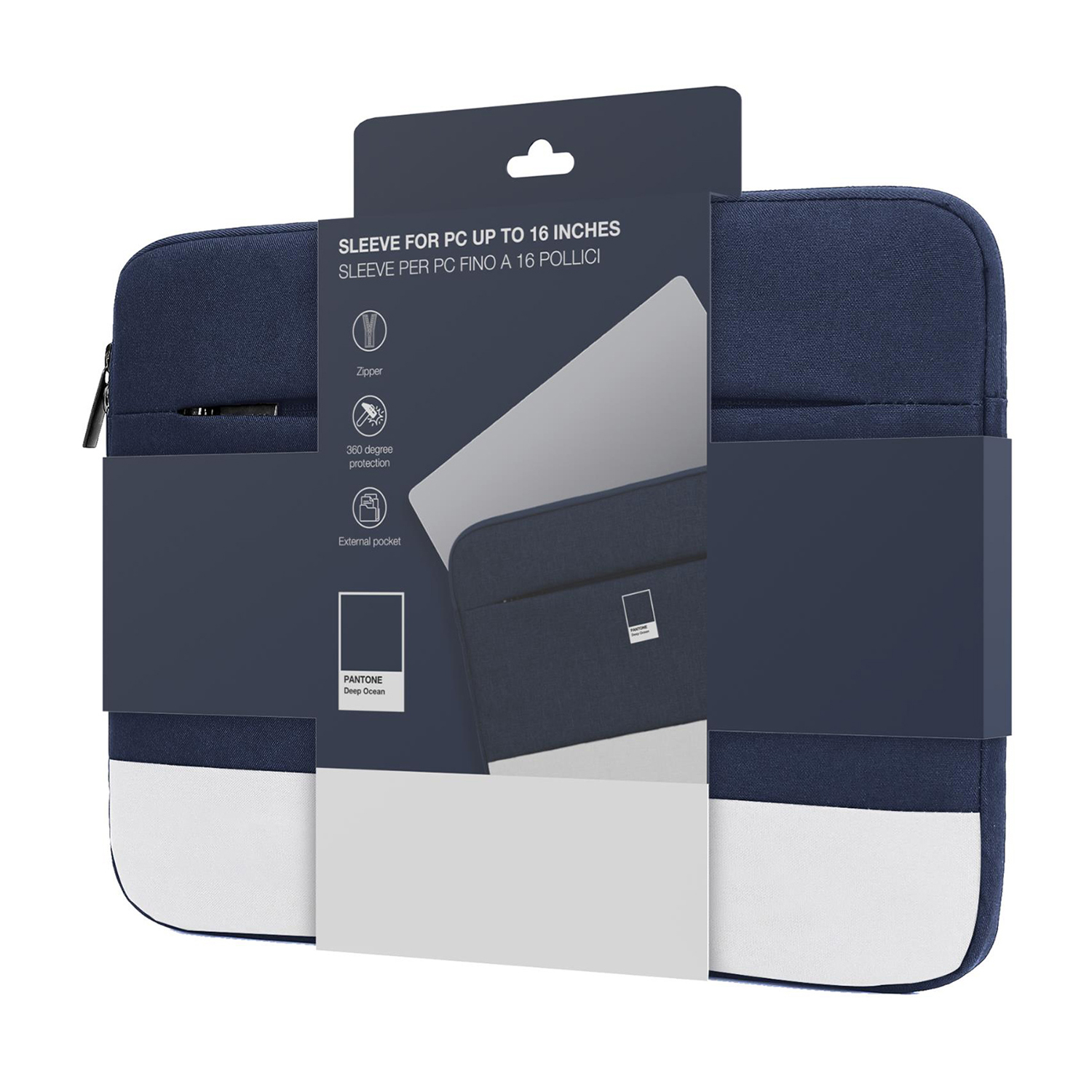 Una custodia per laptop blu navy con descrizione del prodotto e confezione.
