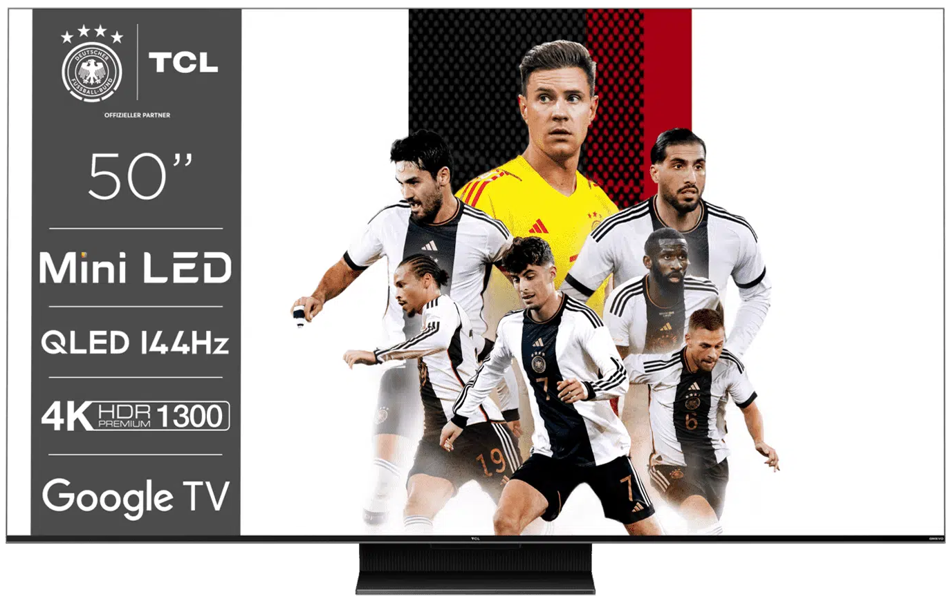 TCL 50" TV mit Fußballmannschaftsbild, Text links.