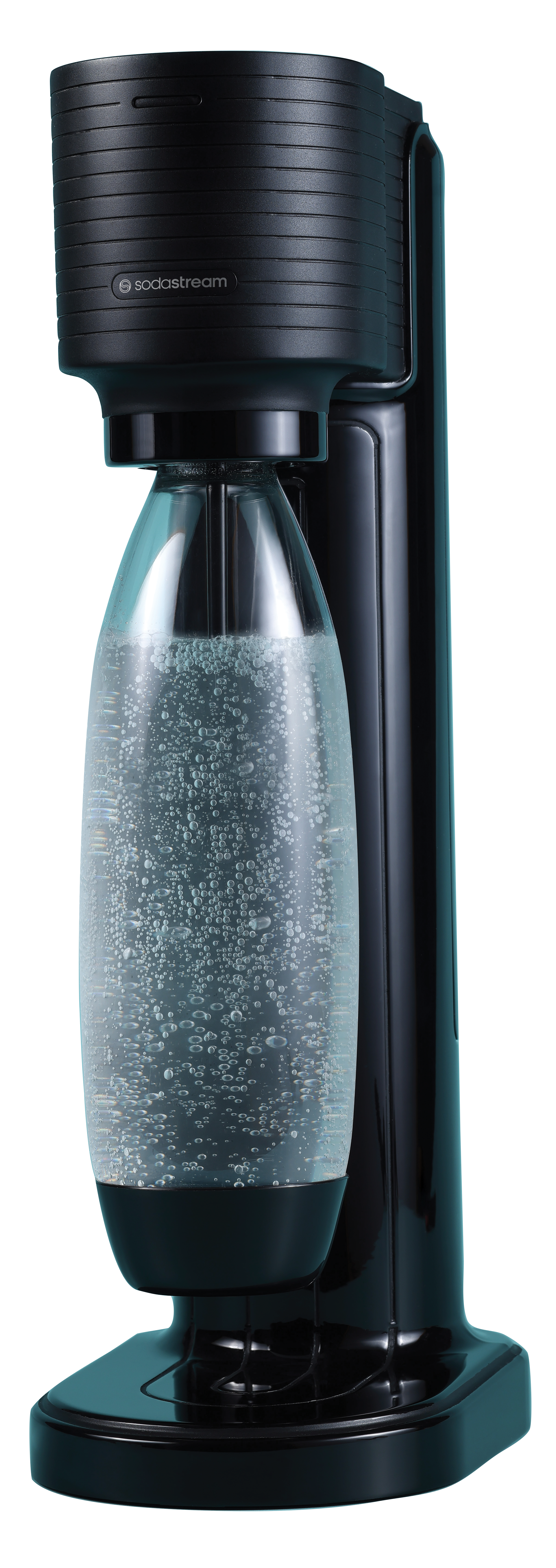 Fekete SodaStream, átlátszó buborékokat tartalmazó palackkal.